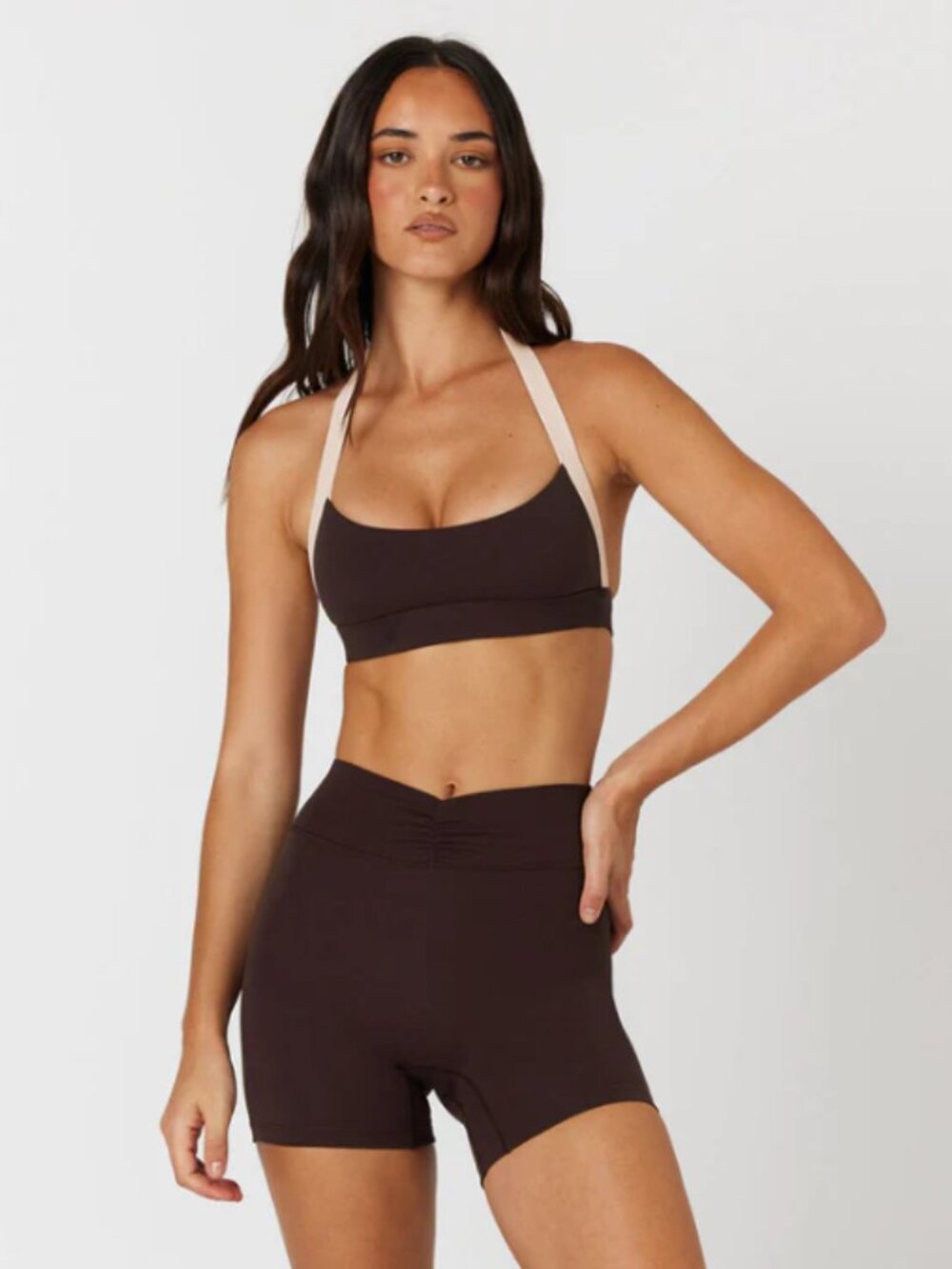 CSB Form Alani Crop Top Womens Small Espresso Vanilla Two Tone Halter Sports Bra